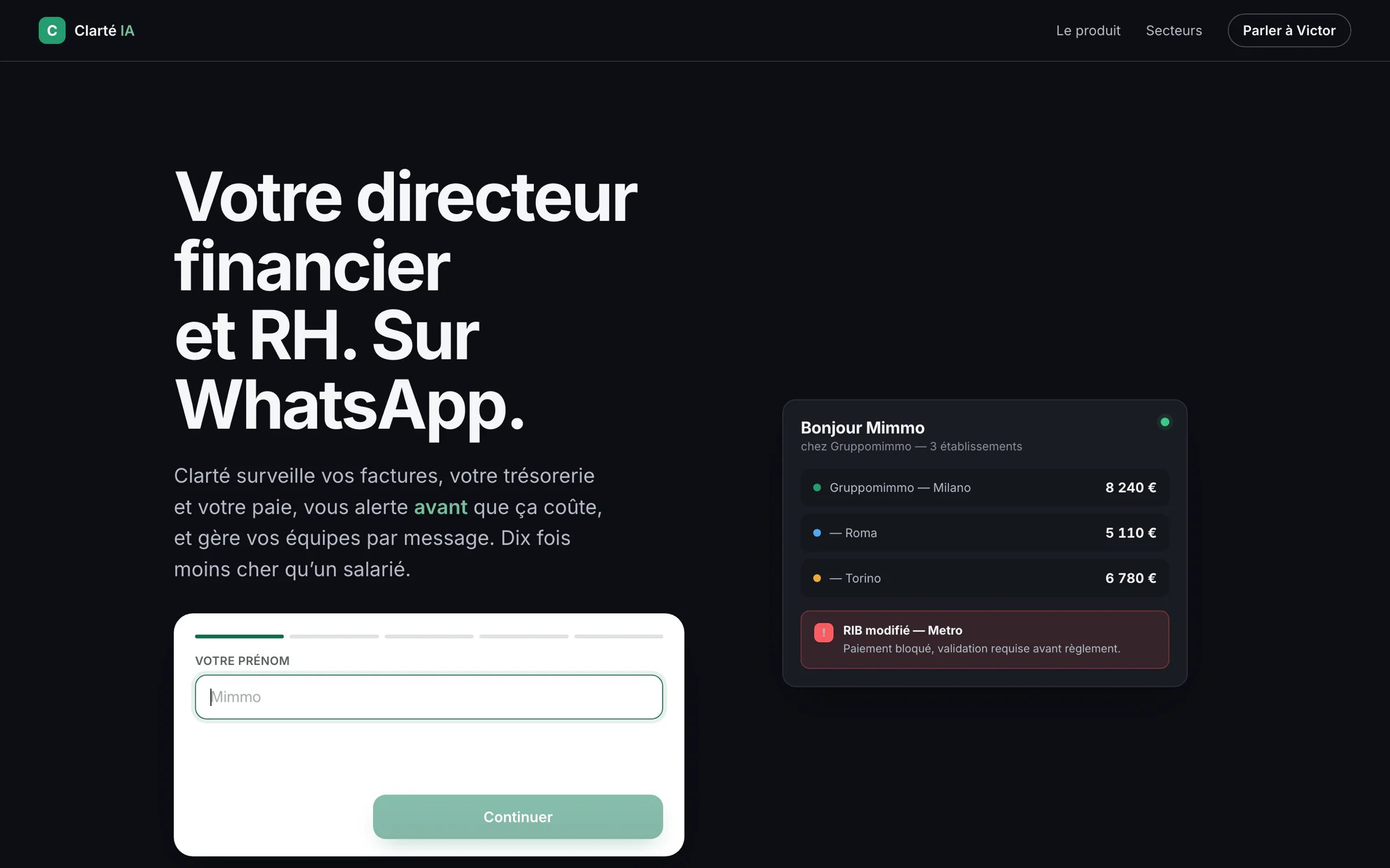 Page d’accueil de la démonstration Clarté : suivi du chiffre d’affaires par établissement d’un groupe de restauration et alerte bloquant un paiement dont les coordonnées bancaires ont changé.